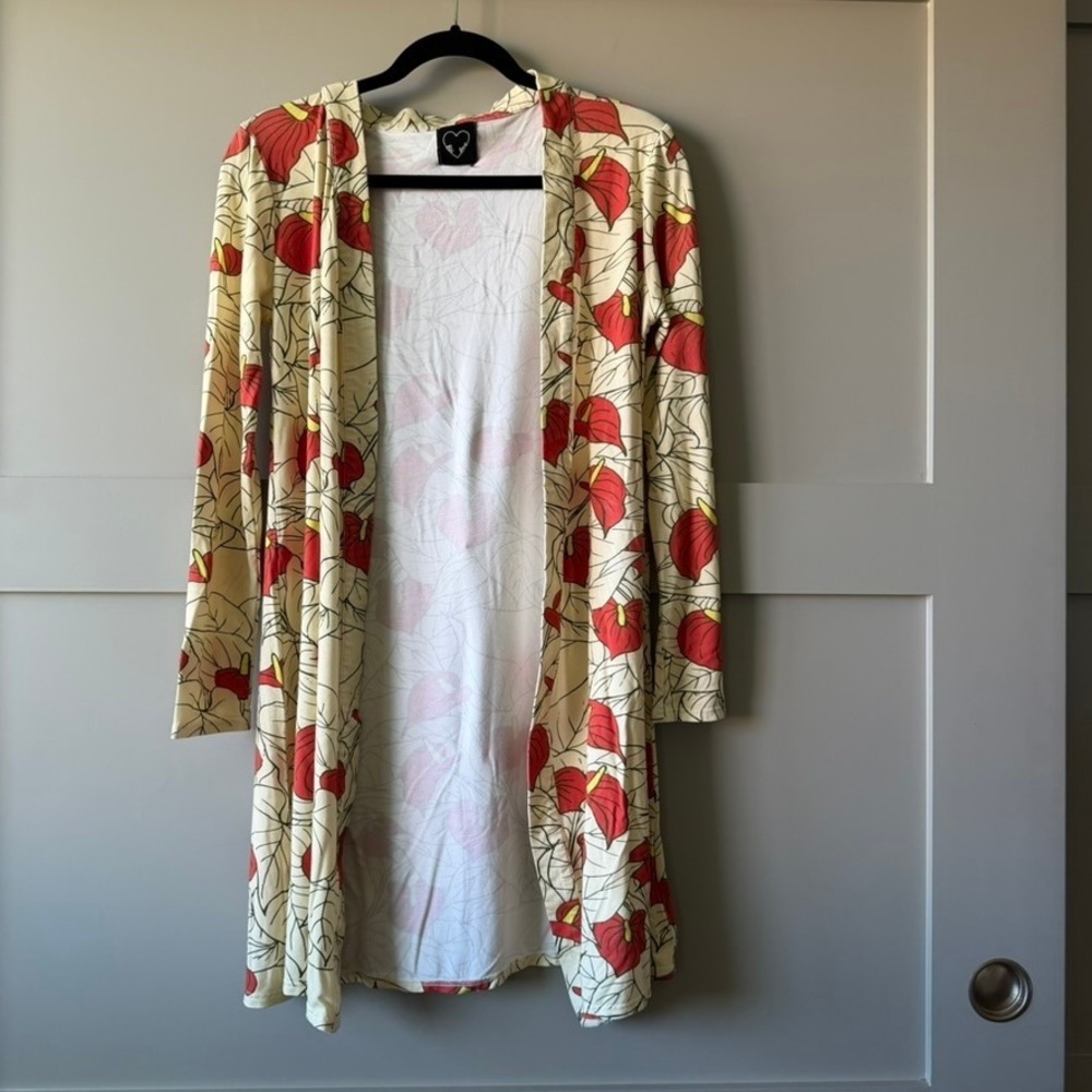 Li'u Love Duster Cardigan Women M Cream Red‎ Anthurium Floral Open Front FLAW